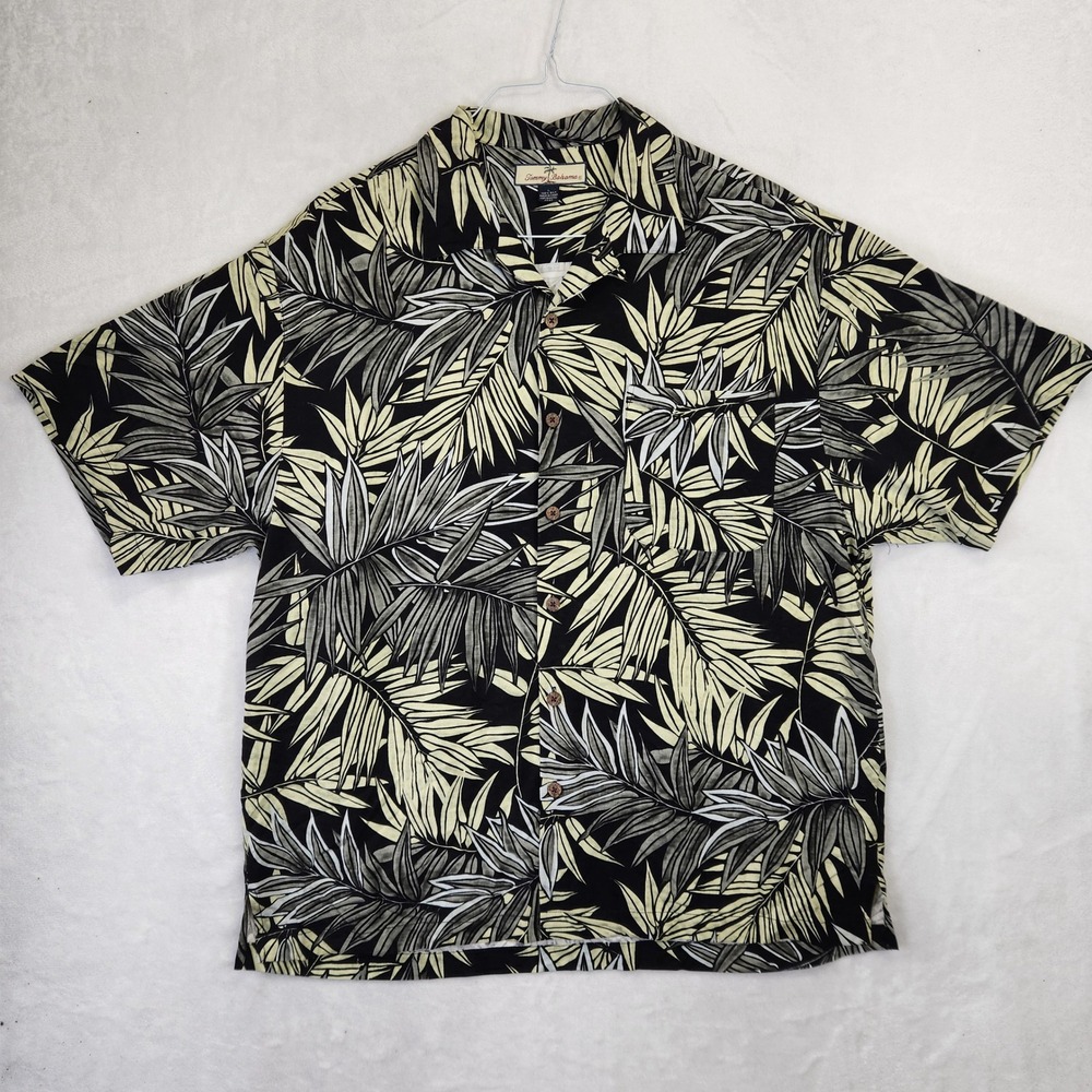 Tommy‎ Bahama Mens Large 100% Silk Palm Leaf Print Camp Shirt Black Cream Grey